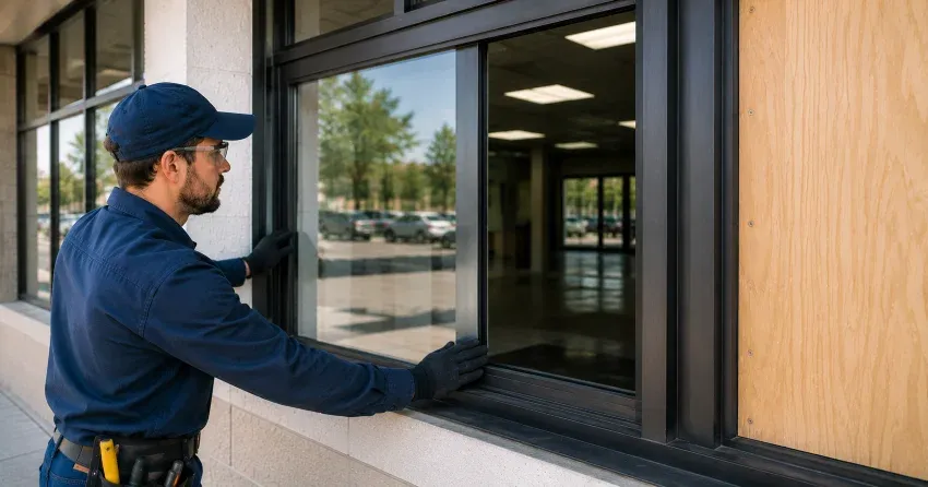 technician boarding a broken window after a break-in in Markham Village, Markham