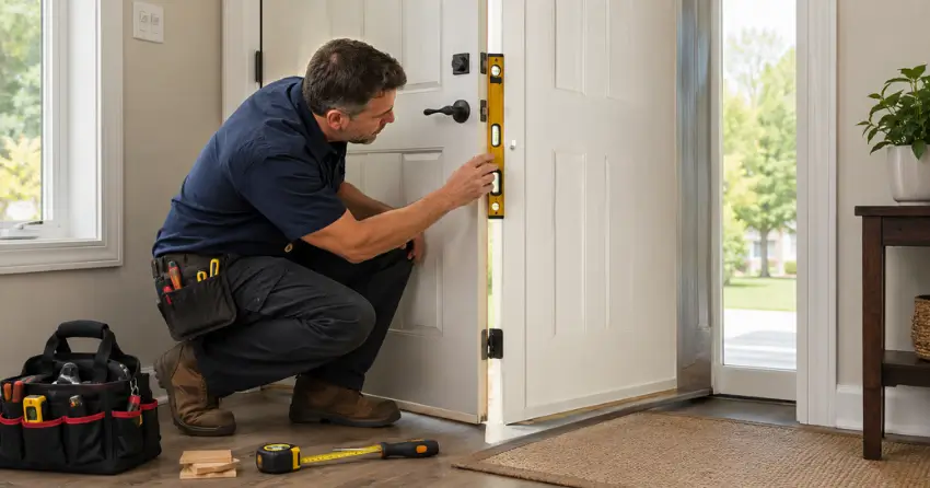 technician diagnosing a misaligned door frame in Bullock, Markham