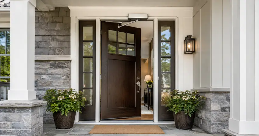 residential automatic door opener installed on exterior entry door in Brown