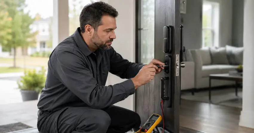 technician diagnosing automatic door lock mechanism on residential door in Thornhill, Markham