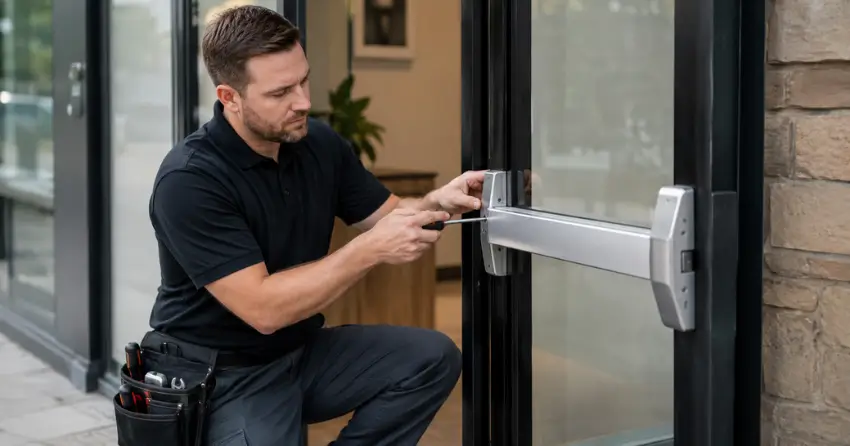 commercial locksmith repairing exit device on storefront door Commerce Valley, Markham