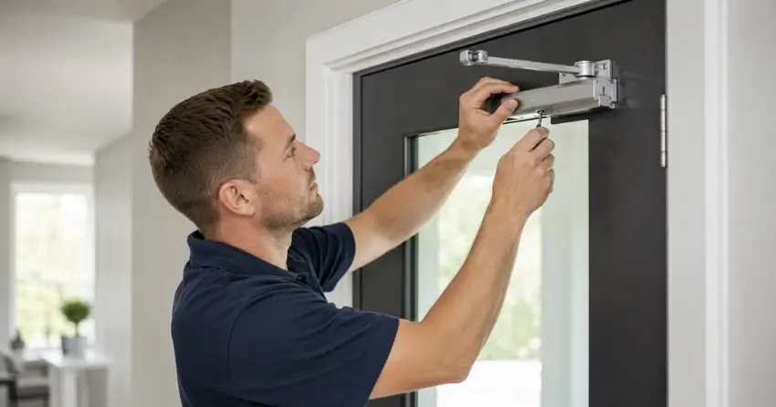 technician adjusting door closer hydraulic valve in Markham Village, Markham home