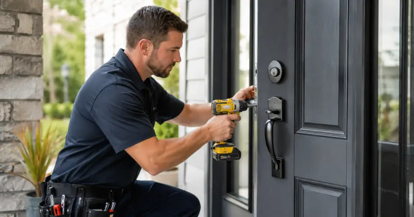 locksmith installing deadbolt lock on exterior door in Markham