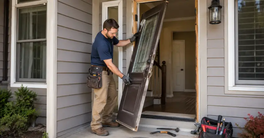 old exterior door being removed for replacement in Hagerman