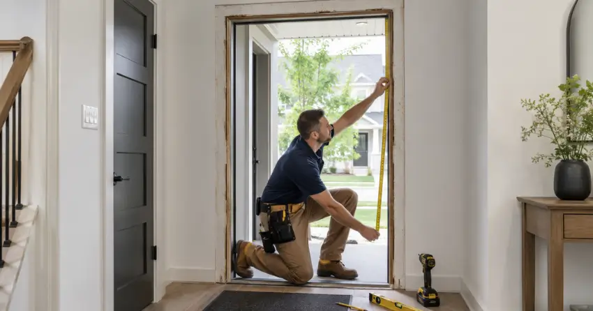 technician measuring a door frame before new door installation in Victoria Manor-Jennings Gate, Markham