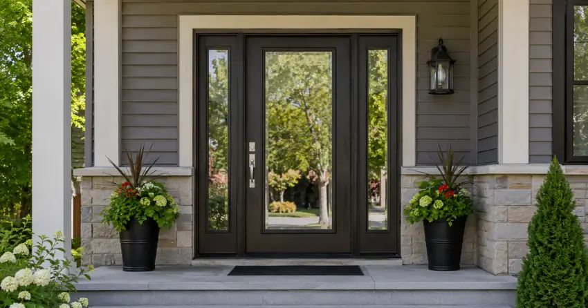 glass entry door with sidelights on a home in Milliken Mills East, Markham