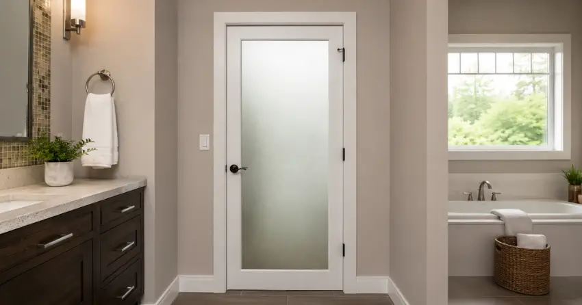 frosted glass panel bathroom door installed in a Milliken Mills East, Markham home