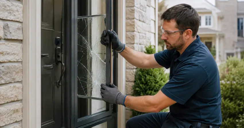 technician removing cracked storm door glass panel in Angus Glen, Markham