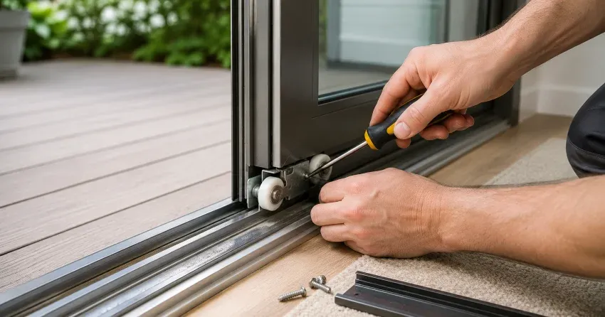 sliding door fix Bullock, Markham technician diagnosing track issue
