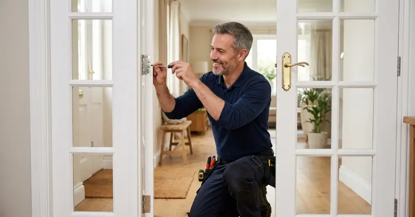 technician adjusting French door hinge for proper alignment in Berczy Village, Markham