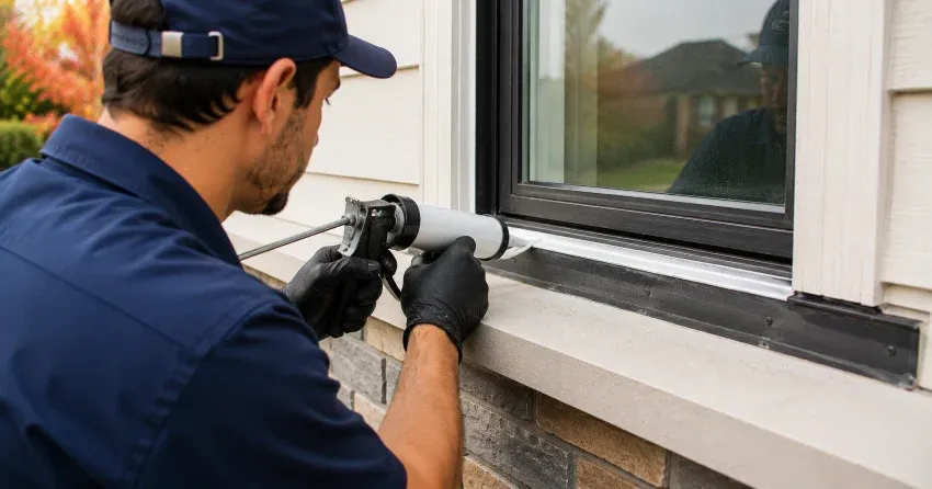 technician inspecting window flashing for leak source in Legacy, Markham