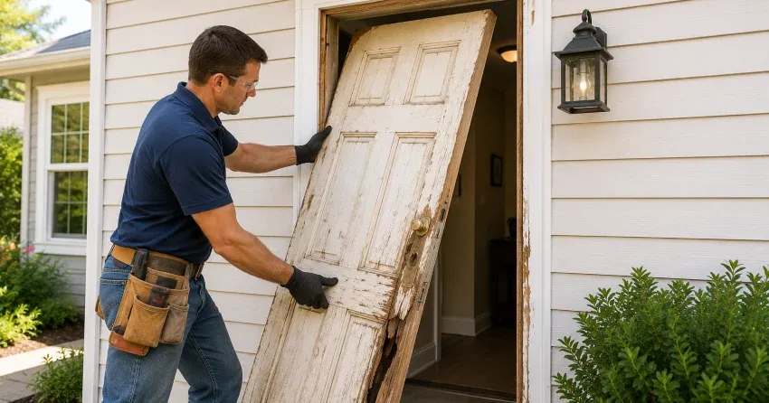 warped exterior door frame showing weather damage in Thornhill, Markham